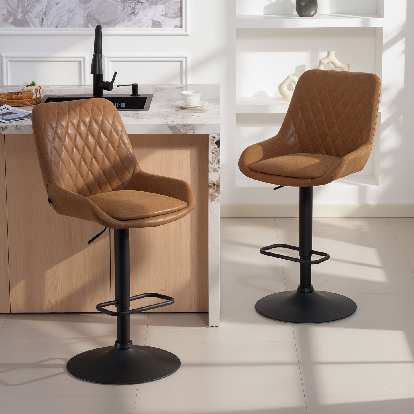 Bar Stools Set of 2, Adjustable Bar Chairs 360 Degree Swivel Orange