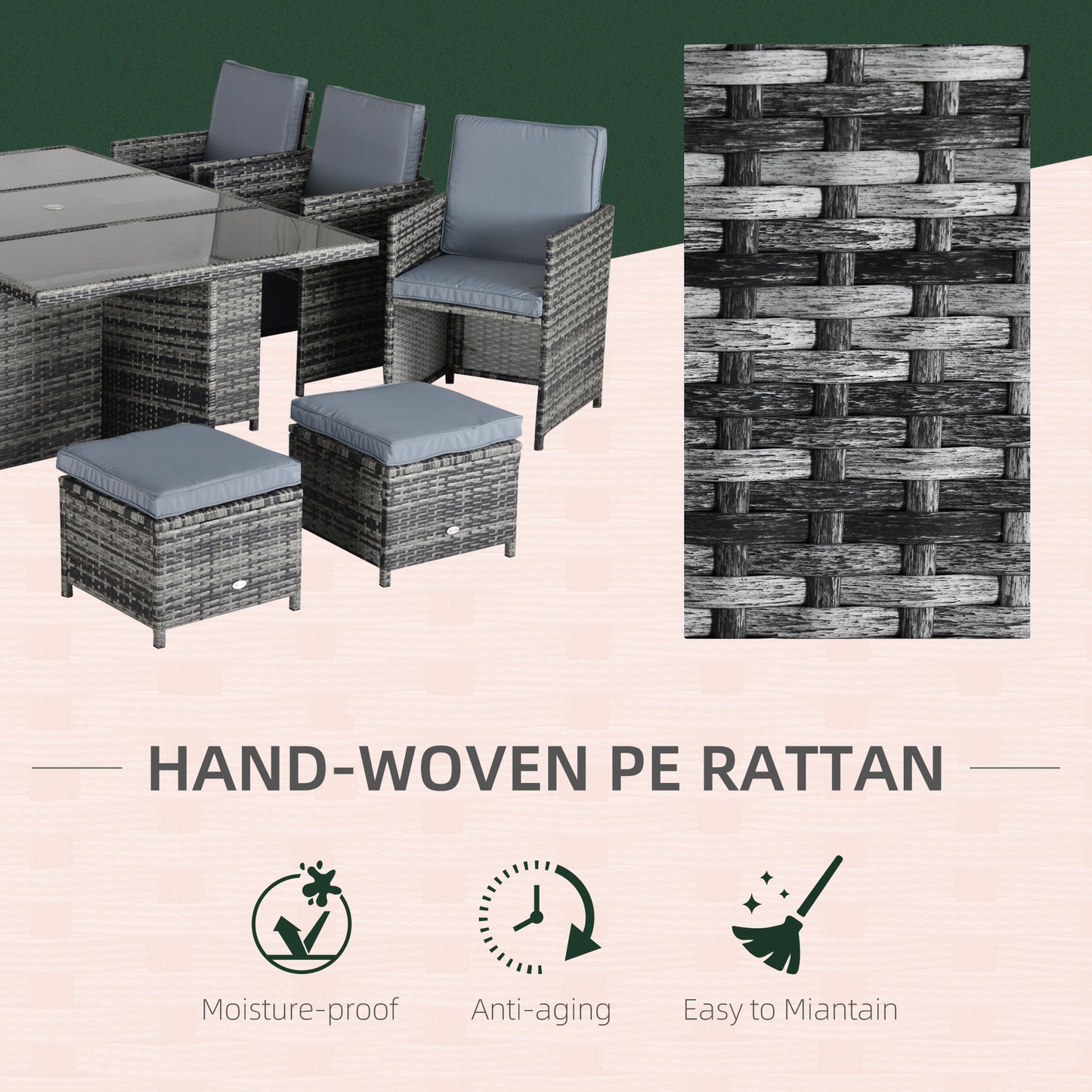 Outdoor 11pc Rattan Garden Furniture Patio Dining Set 10-seater Cube Set Weave Wicker 6 Chairs 4 Footrests & 1 Table Mixed Grey