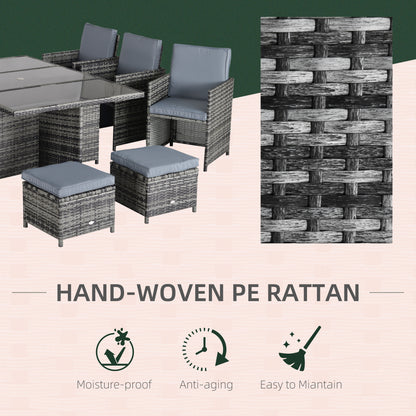 Outdoor 11pc Rattan Garden Furniture Patio Dining Set 10-seater Cube Set Weave Wicker 6 Chairs 4 Footrests & 1 Table Mixed Grey