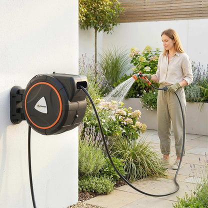 Retractable Hose Reel Wall Mounted, 28+2m Garden Hose Pipe Reel with Auto Retraction, Self-Locking, Slow Return System, 180° Swivel Bracket, 12-Pattern Nozzles and Faucet Adaptor, Orange