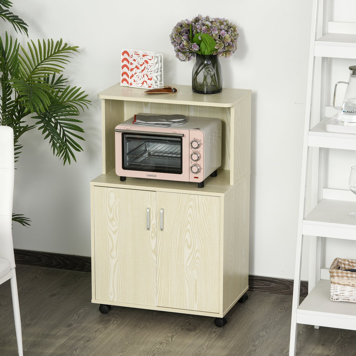Kitchen Storage Unit Microwave Cart Trolley w/ Cabinet Wheels Shelf Oak