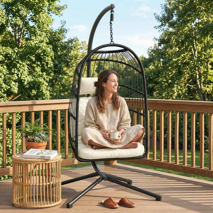 Hanging Egg Chair, Indoor Outdoor Hammock Swing Chair with Stand, Safety Strap, Foldable Basket, Thick Cushions, Headrest, Adjustable Height, Metal Frame for Garden Balcony, Black/Cream White