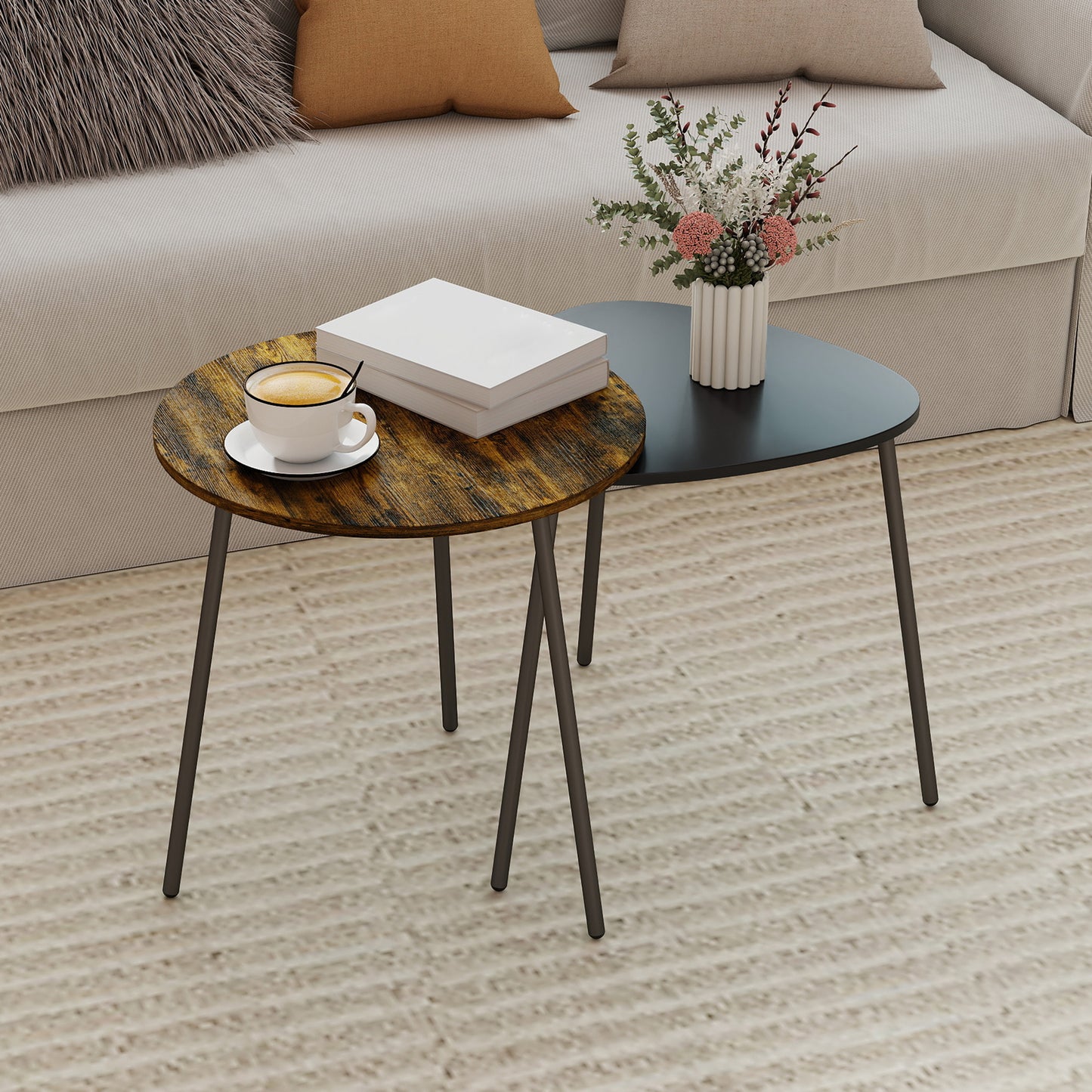 Set of 2 Nesting Side Table with Metal Frame, Rustic Brown