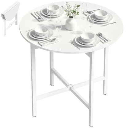 Folding Dining Table, Collapsible Drop Leaf Table for Small Spaces, Extendable Kitchen Table with Steel Frame, White