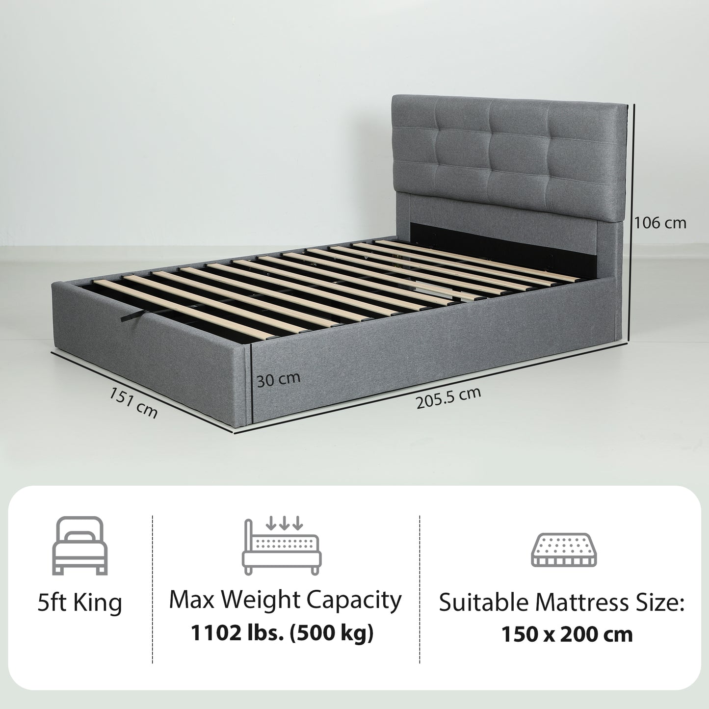 Upholstered Ottoman Bed, 5ft King Storage Bed Frame, Grey