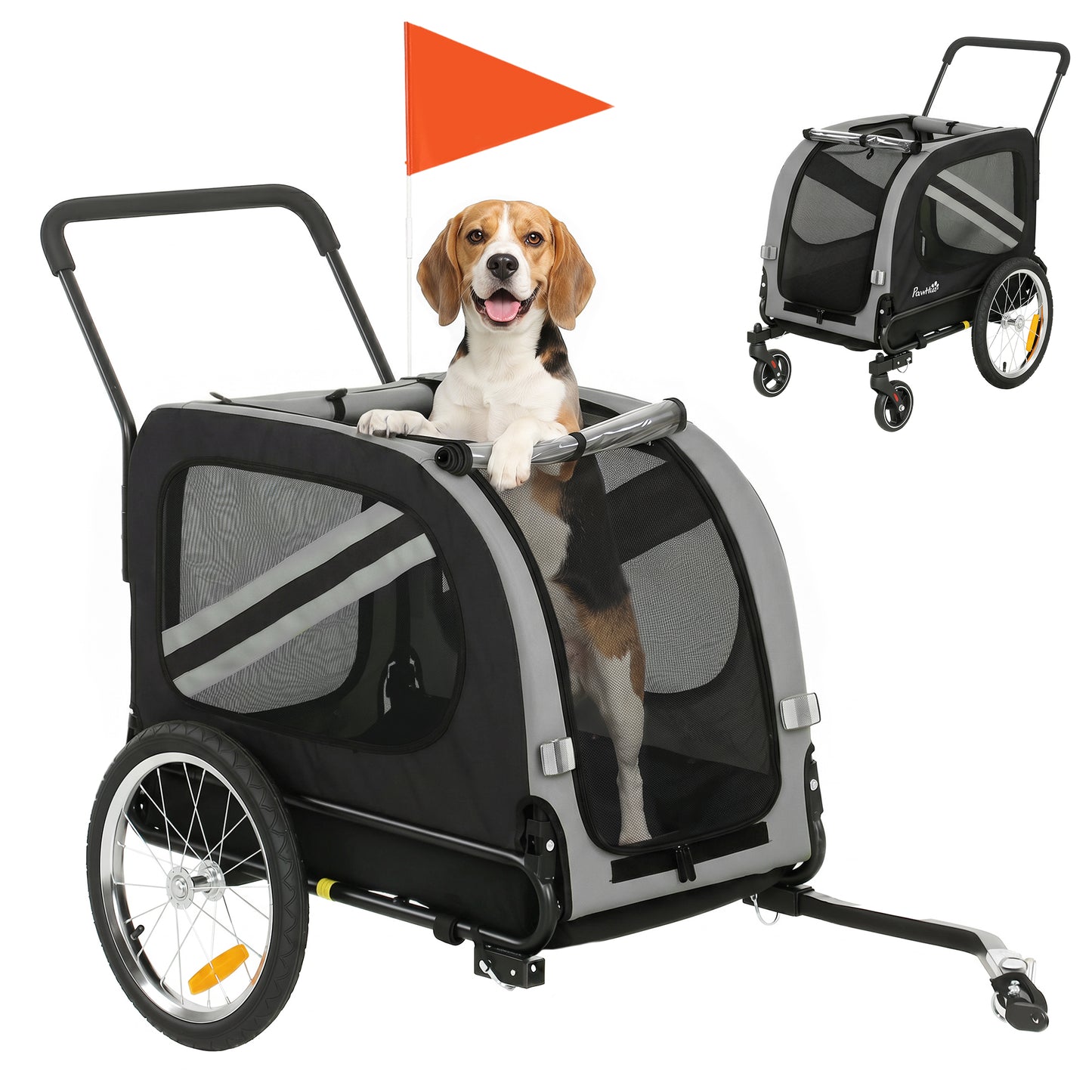 Dog Bike Trailer, 2 in 1 Foldable Pet Stroller Security Harness, Reflectors, Quick Release Wheels, Flag, for Medium Dogs, 134L x 60W x 101H cm, Grey
