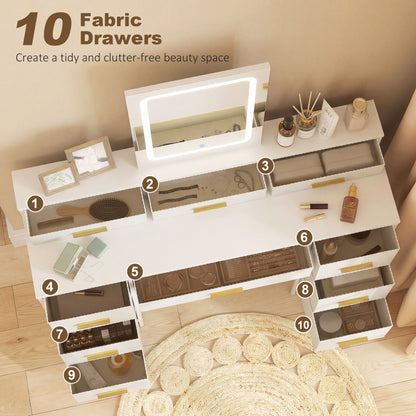 Dressing Table with LED Lighting Mirror and 10 Drawers, White