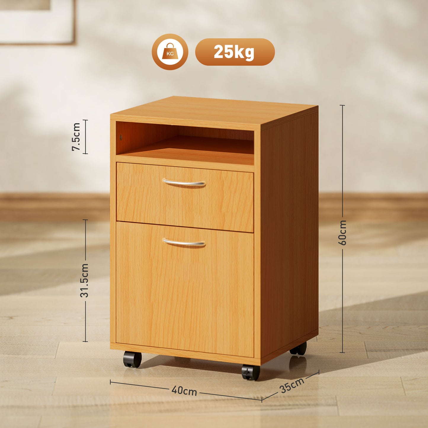 60cm Filing Cabinet with Drawers and Open Shelf, Natural