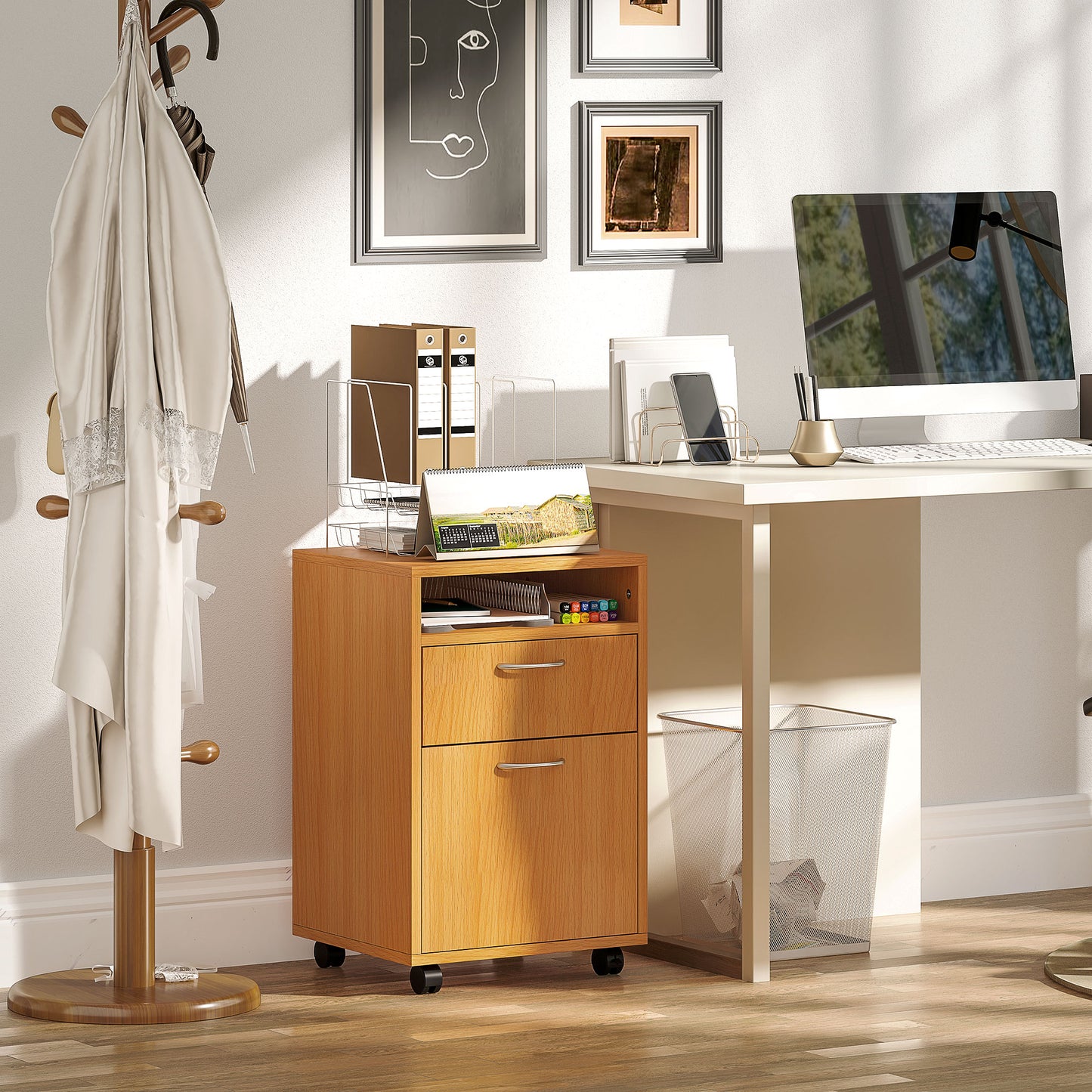 60cm Filing Cabinet with Drawers and Open Shelf, Natural