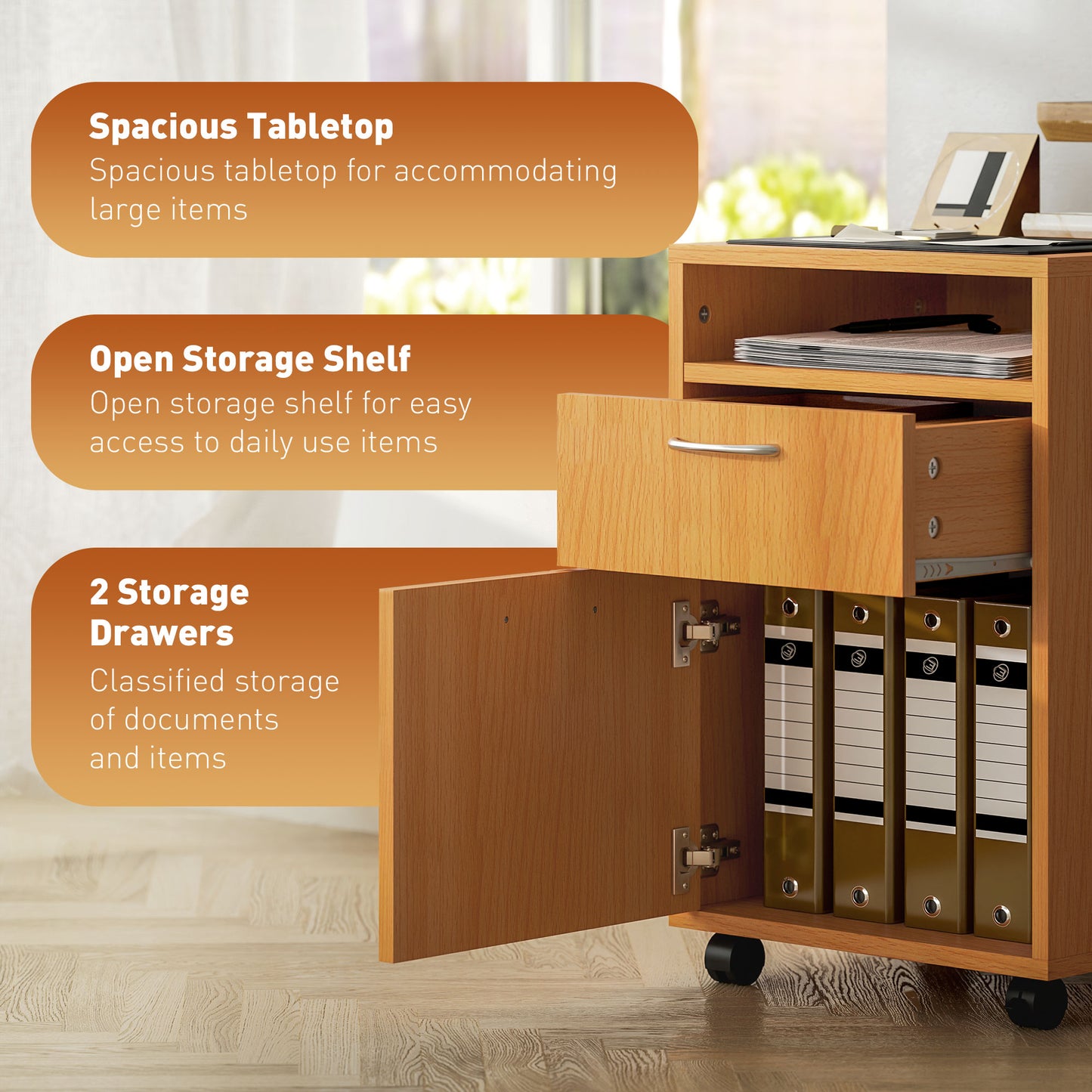 60cm Filing Cabinet with Drawers and Open Shelf, Natural