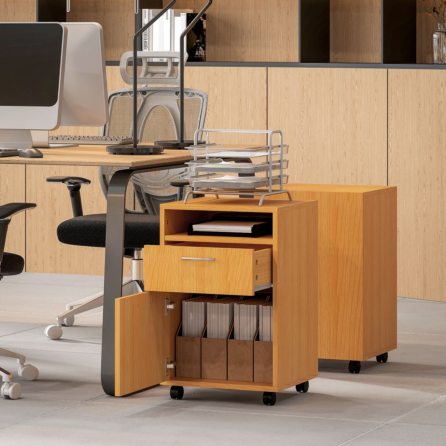 60cm Filing Cabinet with Drawers and Open Shelf, Natural