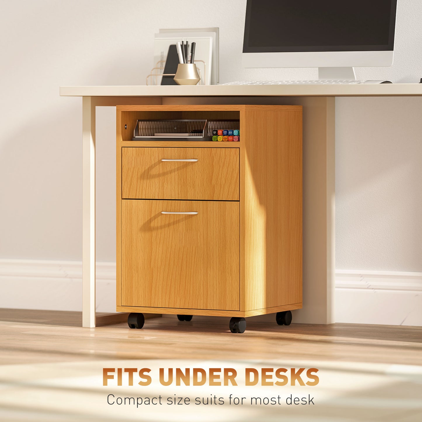 60cm Filing Cabinet with Drawers and Open Shelf, Natural
