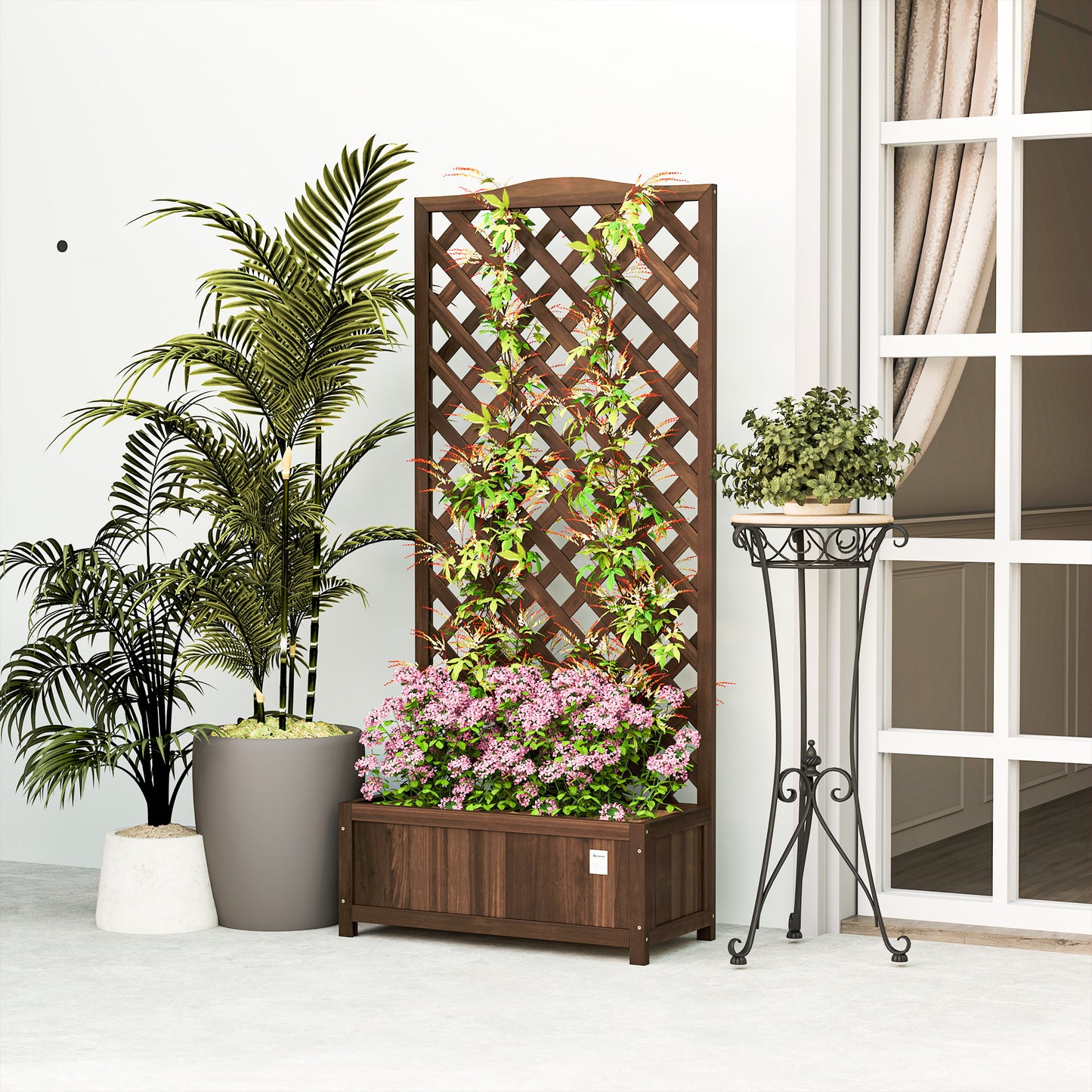 Garden Wooden Planter Box with Trellis Flower Raised Bed Dark Brown