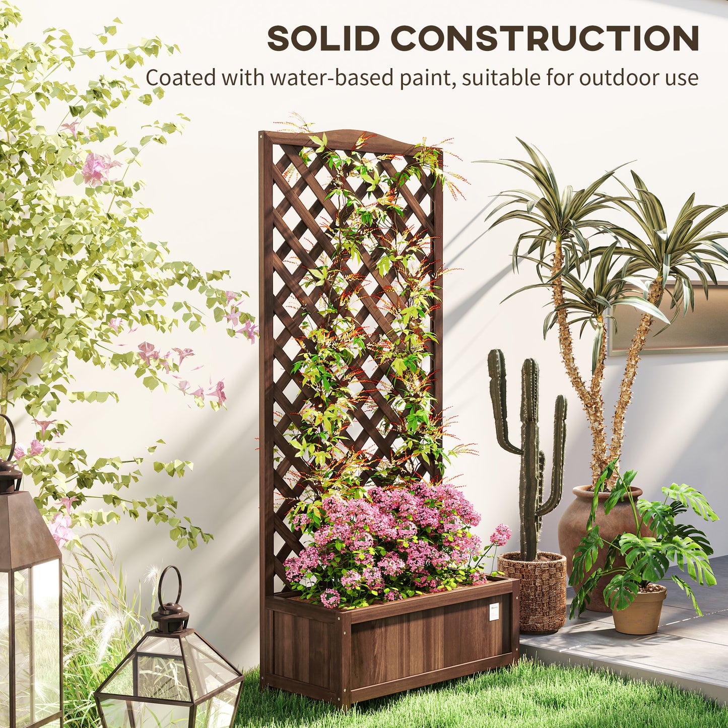 Garden Wooden Planter Box with Trellis Flower Raised Bed Dark Brown