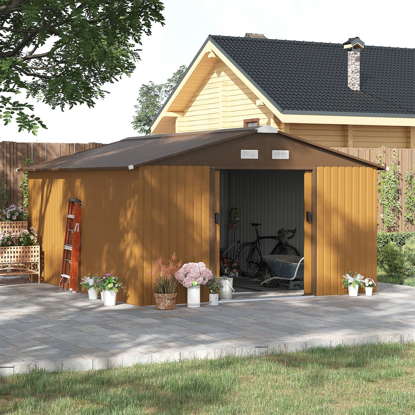 13 x 11ft Garden Metal Storage Shed Outdoor Storage Shed with Foundation Ventilation & Doors Brown