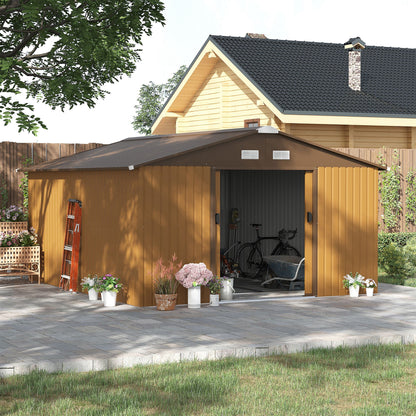 13 x 11ft Garden Metal Storage Shed Outdoor Storage Shed with Foundation Ventilation & Doors Brown