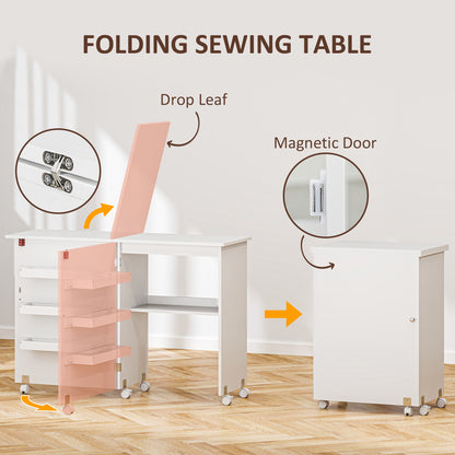 Folding Sewing Table Rolling Craft Table with Drop Leaf Wheels White