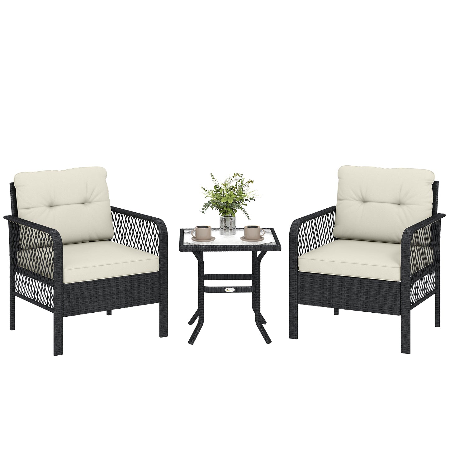 3 Pieces Rattan Bistro Set with Tempered Glass Table Cream