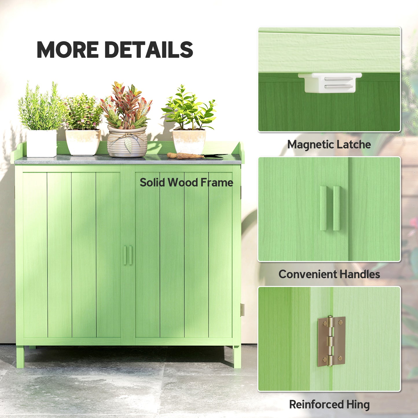 Garden Storage Cabinet Potting Bench Table W/ galvanised Top Green