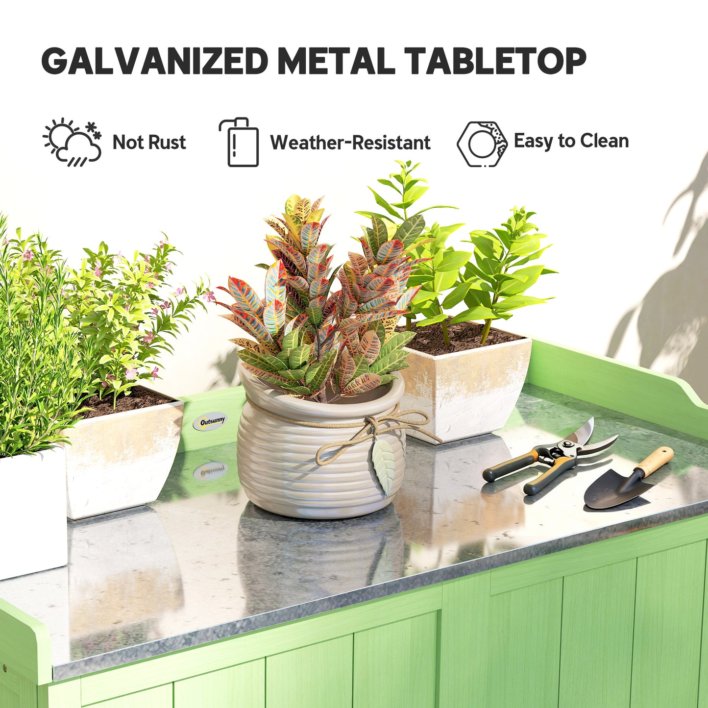 Garden Storage Cabinet Potting Bench Table W/ galvanised Top Green