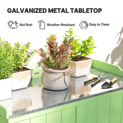 Garden Storage Cabinet Potting Bench Table W/ galvanised Top Green