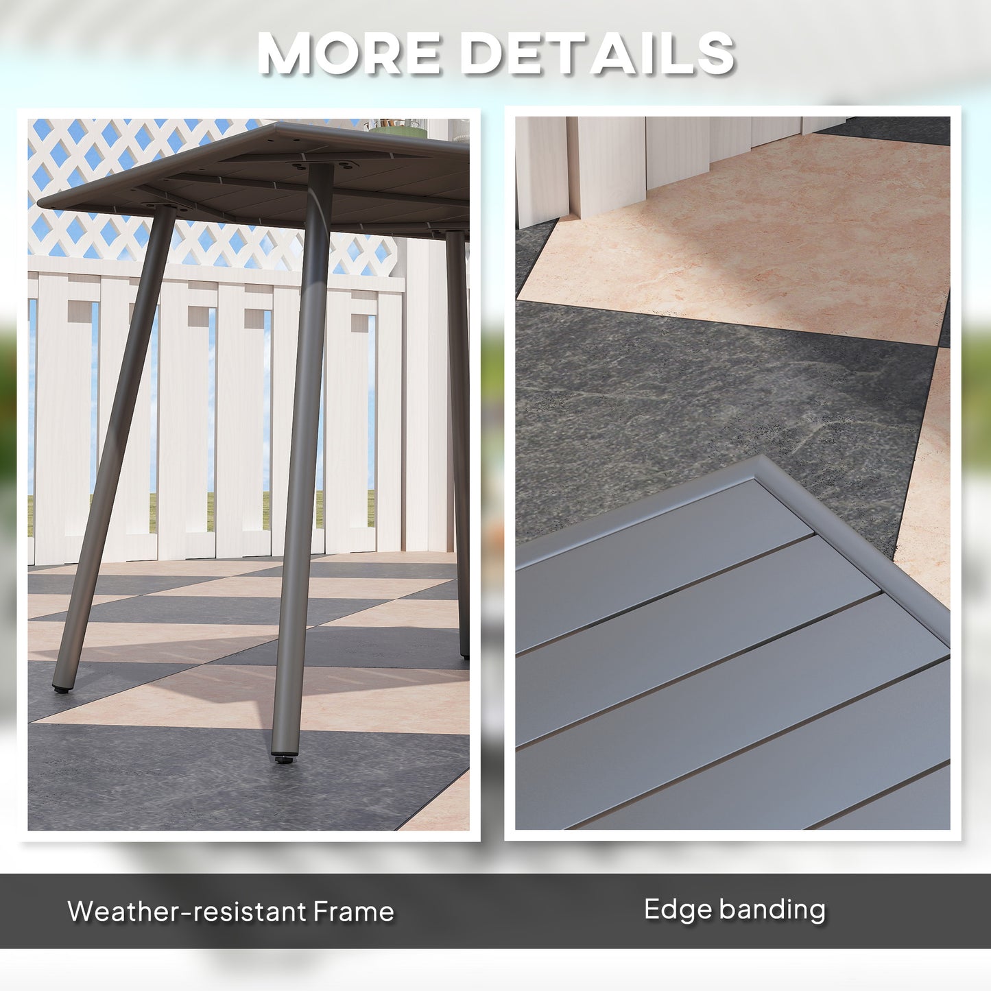 Garden Table for 4 Person with Slat Top, Steel Frame, Grey