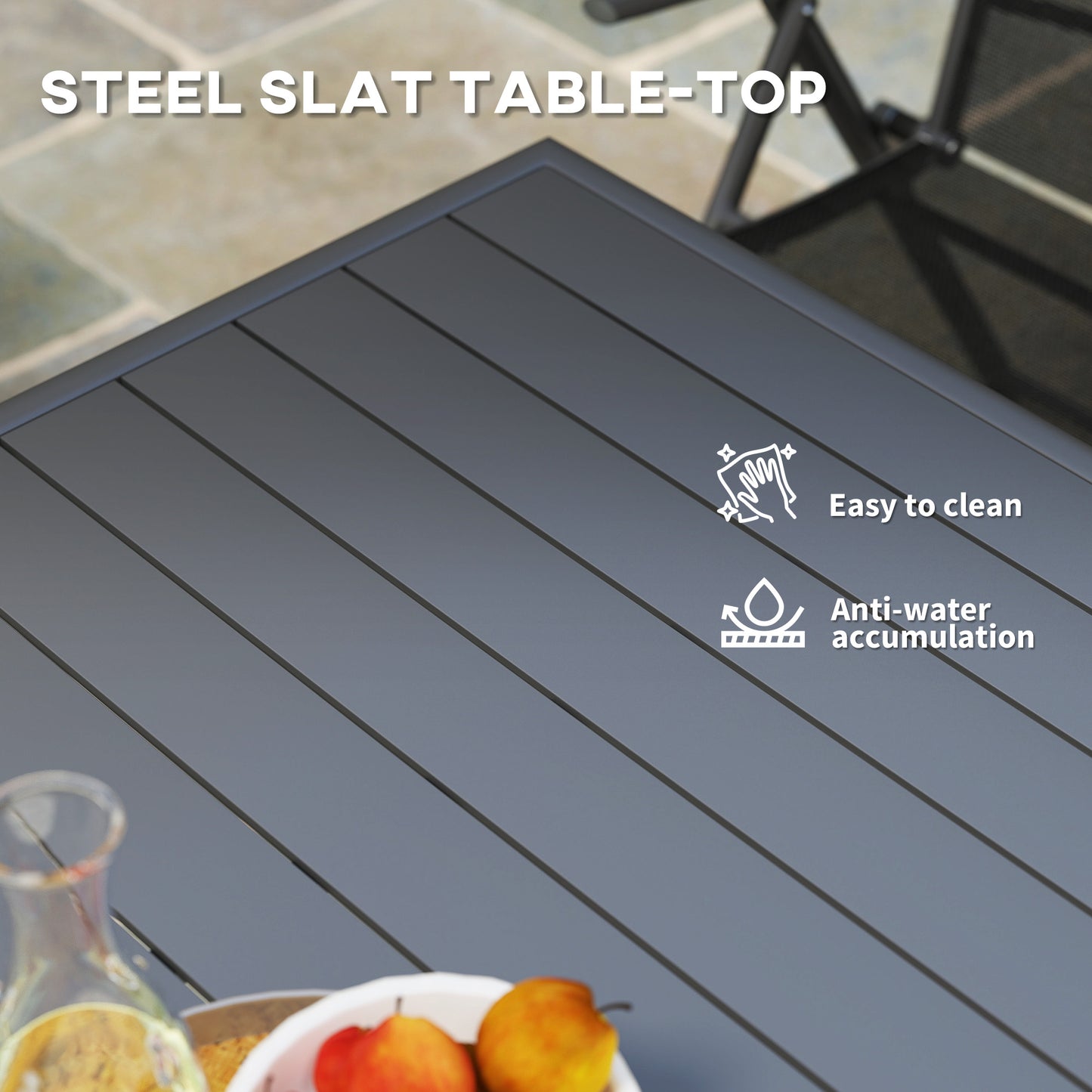 Garden Table for 4 Person with Slat Top, Steel Frame, Grey