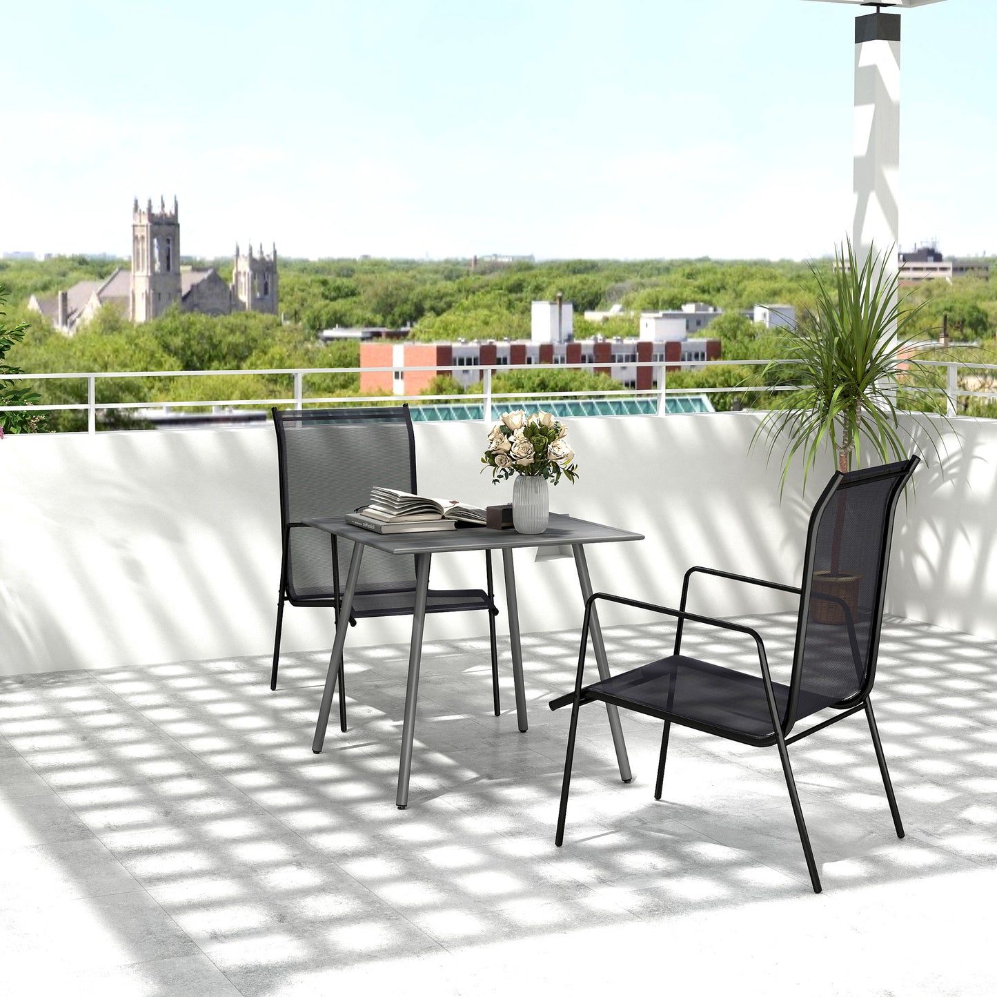 Garden Table for 4 Person with Slat Top, Steel Frame, Grey