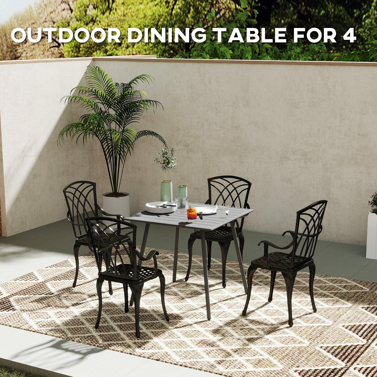 Garden Table for 4 Person with Slat Top, Steel Frame, Grey
