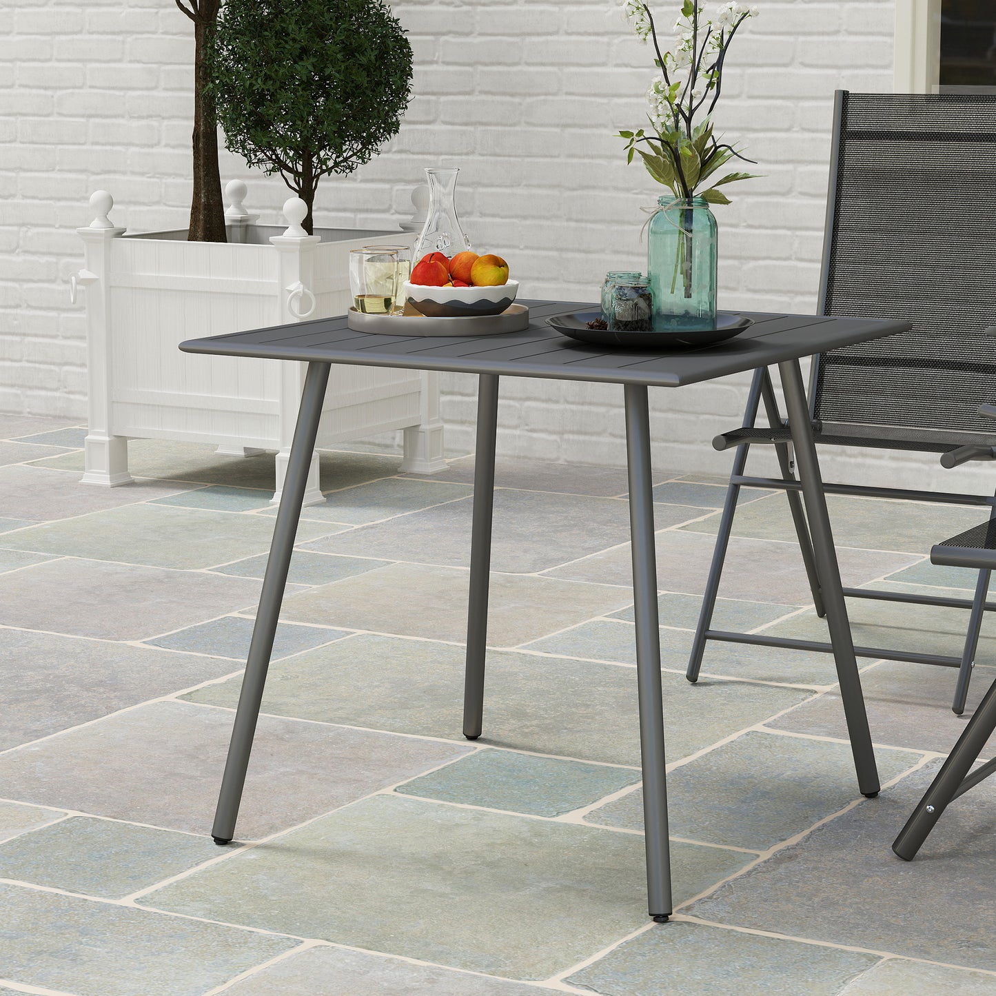 Garden Table for 4 Person with Slat Top, Steel Frame, Grey