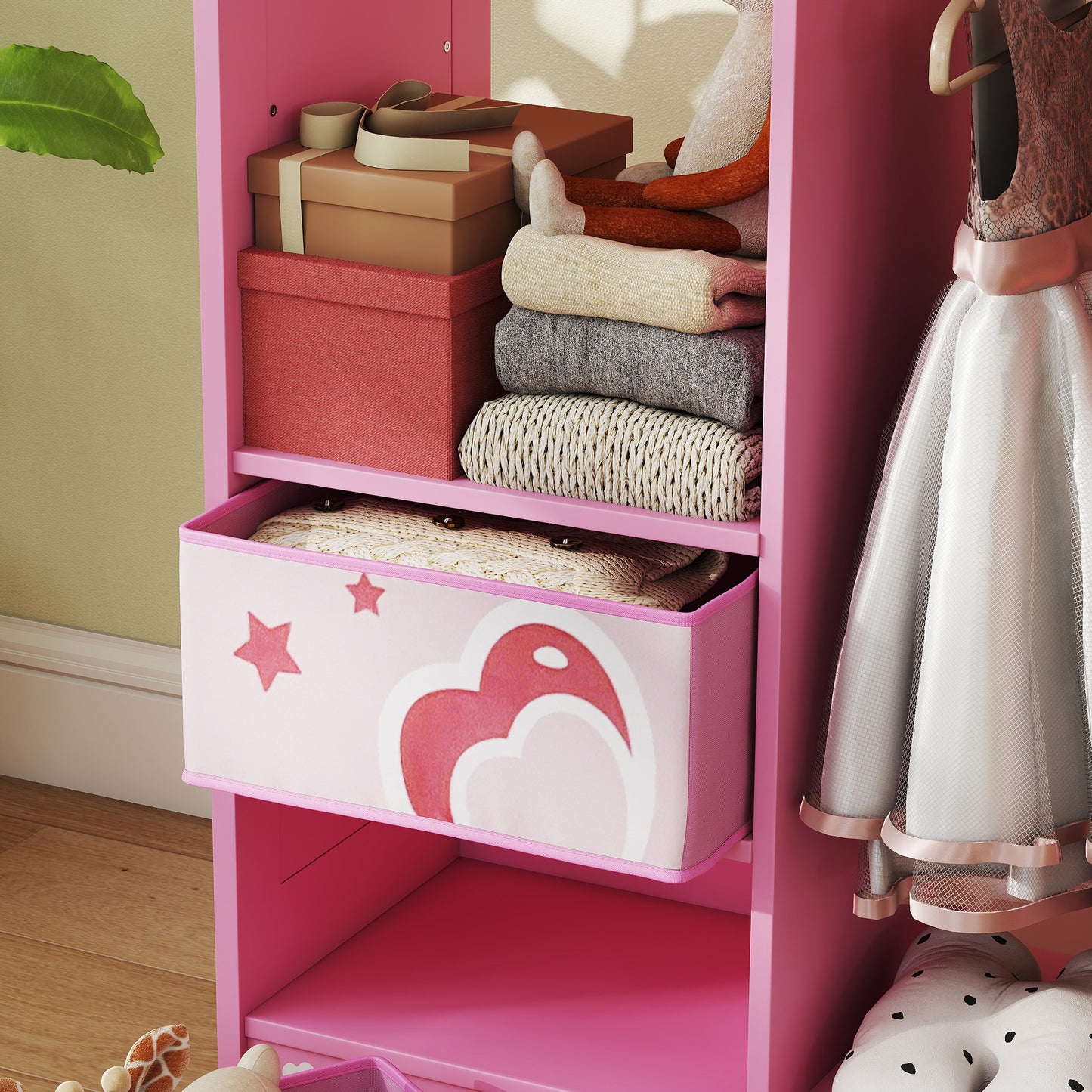 Kids Wardrobe, Kids Clothes Rail with Mirror for Bedroom, Pink