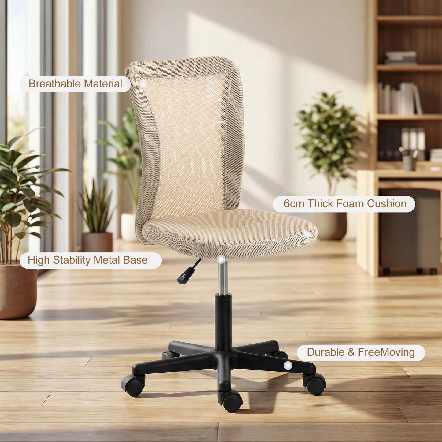Vinsetto Armless Office Chair, Swivel Desk Chair w/ Adjustable Height Beige