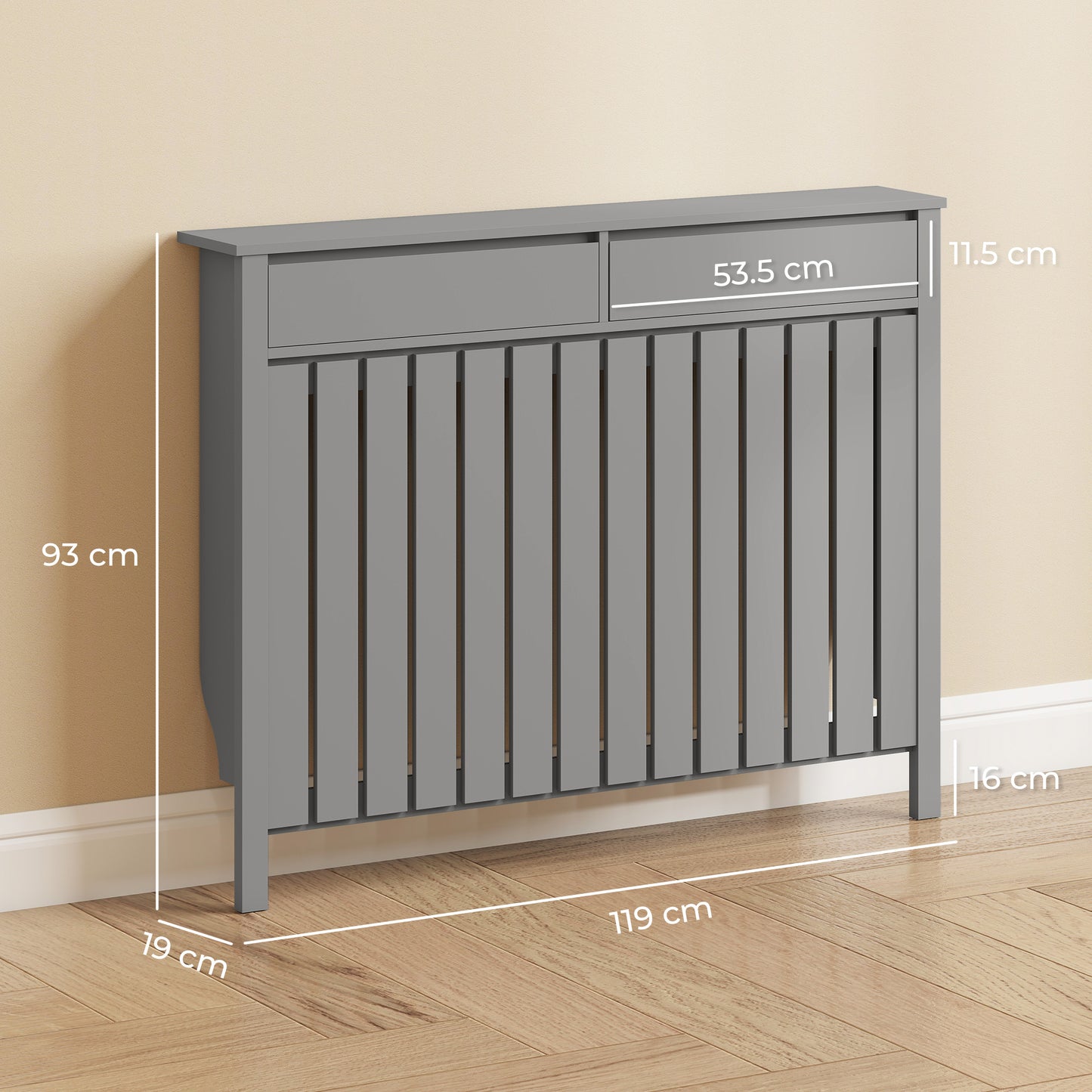 Large Radiator Cover with Drawers and Vertical Slats 119 x 19 x 93 cm