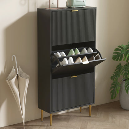 Slim Shoe Storage Cabinet with 3 Flip Drawers for Hallway, Black