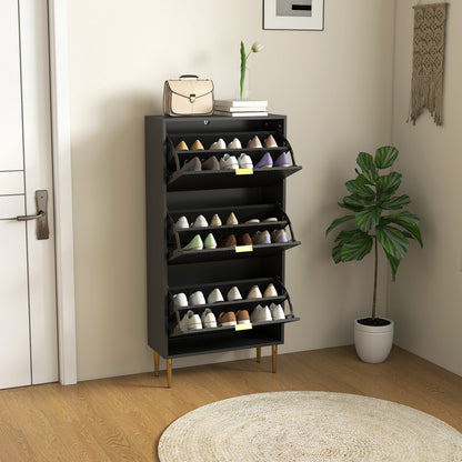 Slim Shoe Storage Cabinet with 3 Flip Drawers for Hallway, Black