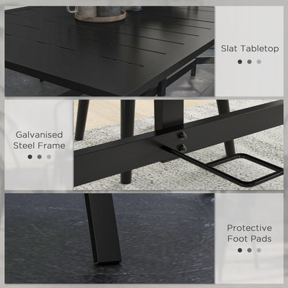 Rectangle Garden Dining Table with Parasol Hole, Patio Table with Steel Frame and Slat Tabletop, 150cm x 90cm, Black