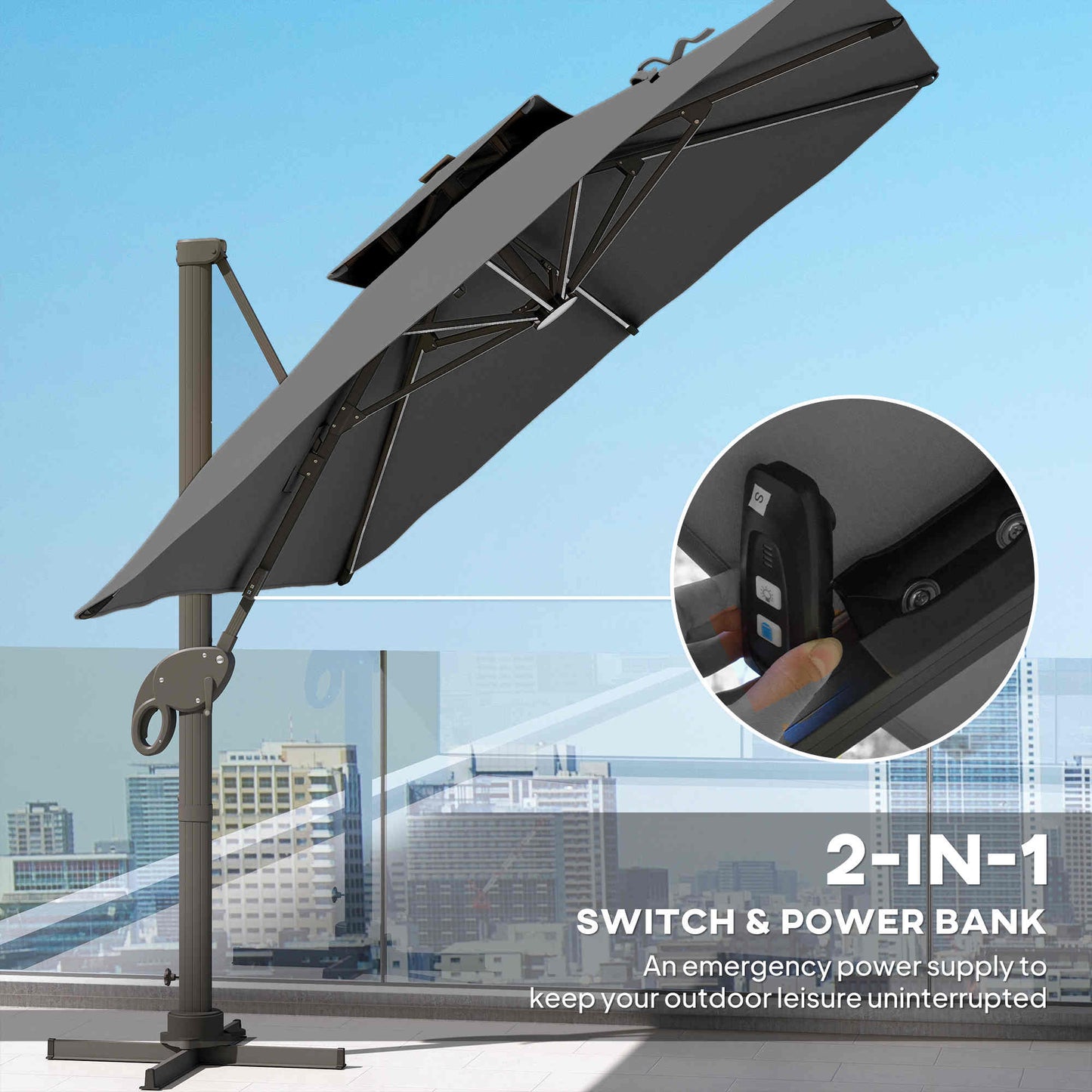 3 x 3(m) Cantilever Umbrella Power Bank Solar Cold Light Dark Grey