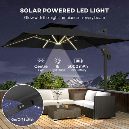 3 x 3(m) Cantilever Umbrella Power Bank Solar Cold Light Dark Grey