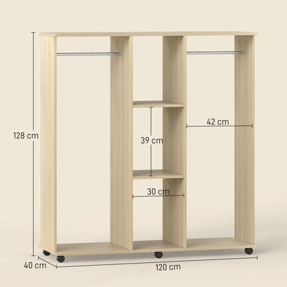Mobile Double Open Wardrobe w/ Clothes Hanging Rail Colthing Natural