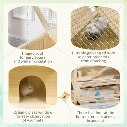 Wooden Large Hamster Cage Small Animal Exercise Play House 3 Tier with Sliding Tray, Seesaws, Water Bottle, Natural