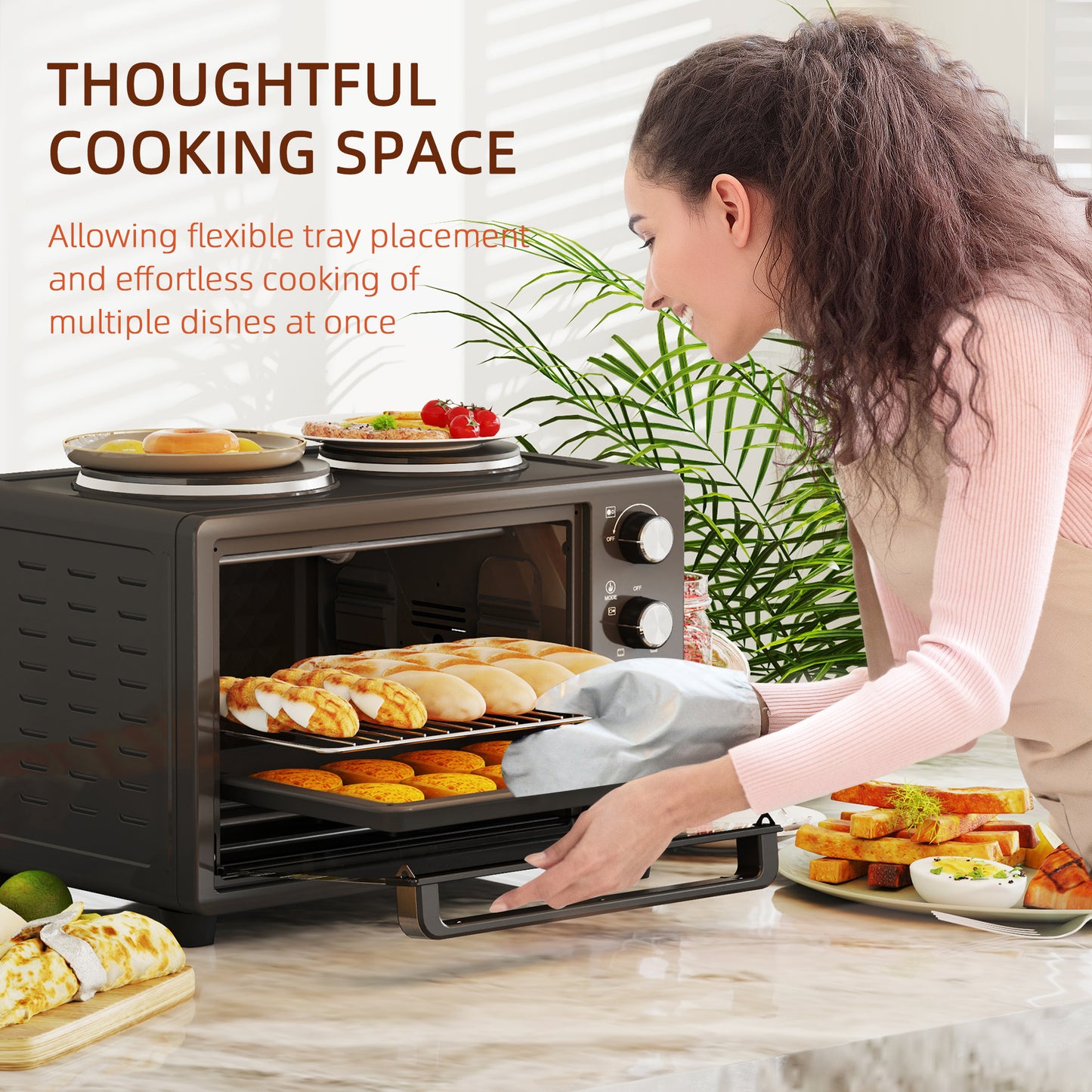 28L Countertop Toaster Oven with 2 Hot Plates, Grill, Roast, Bake