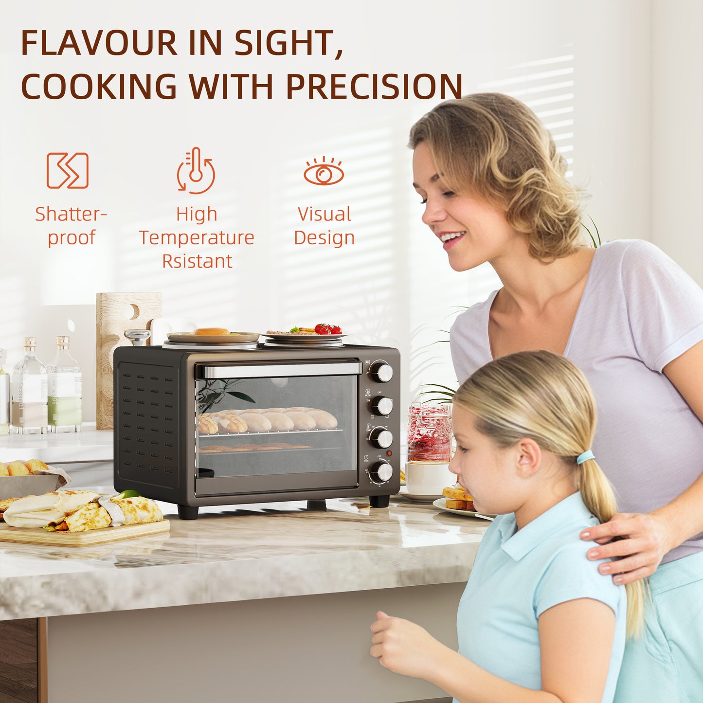28L Countertop Toaster Oven with 2 Hot Plates, Grill, Roast, Bake