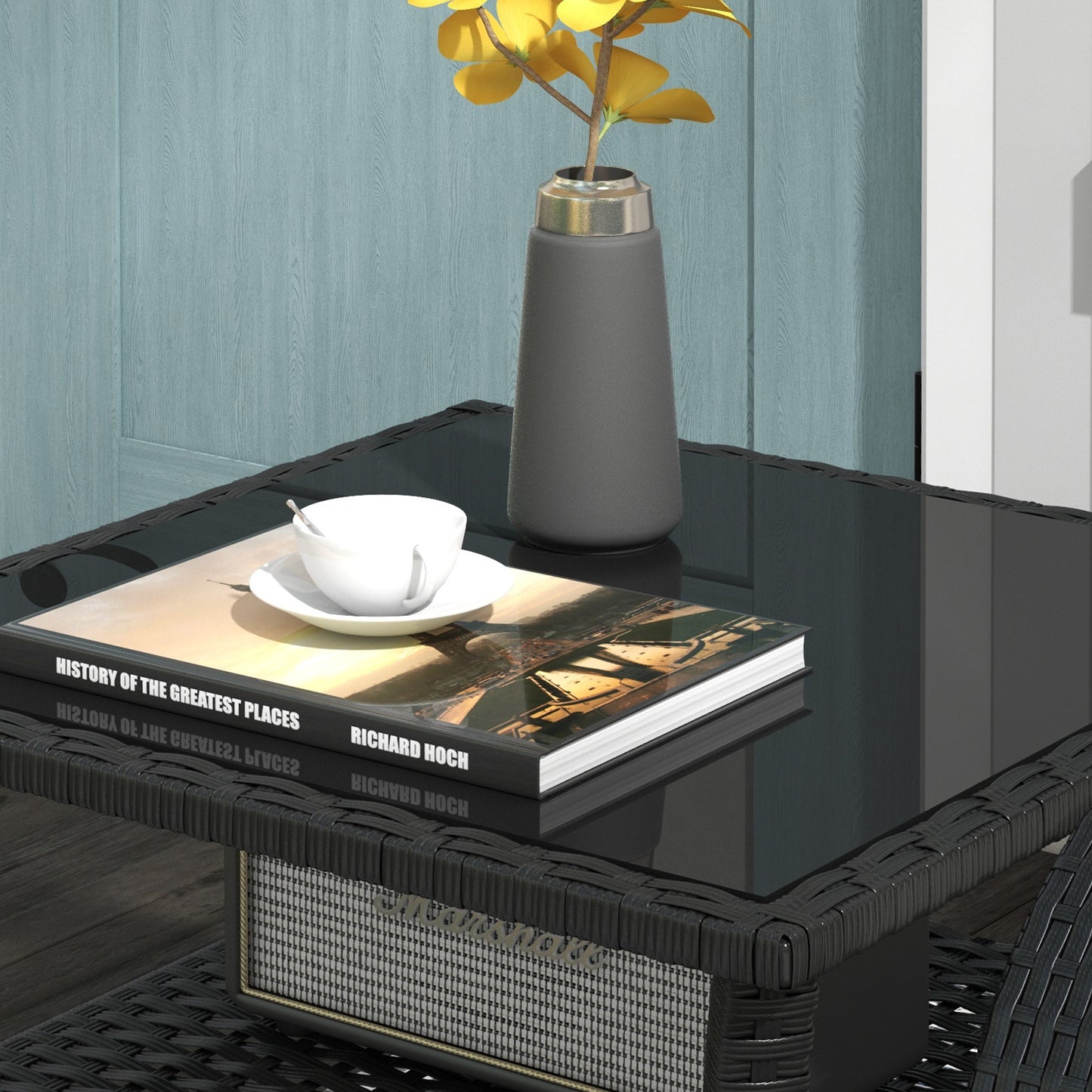 PE Rattan Coffee Table, Two-tier Side Table with Glass Top, Black