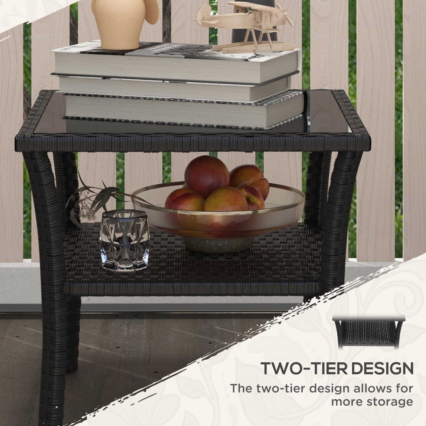 PE Rattan Coffee Table, Two-tier Side Table with Glass Top, Black