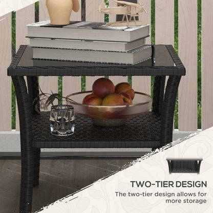 PE Rattan Coffee Table, Two-tier Side Table with Glass Top, Black
