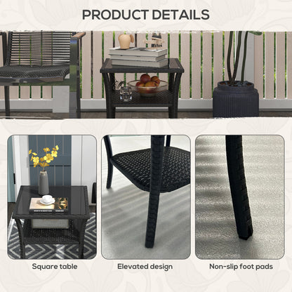 PE Rattan Coffee Table, Two-tier Side Table with Glass Top, Black
