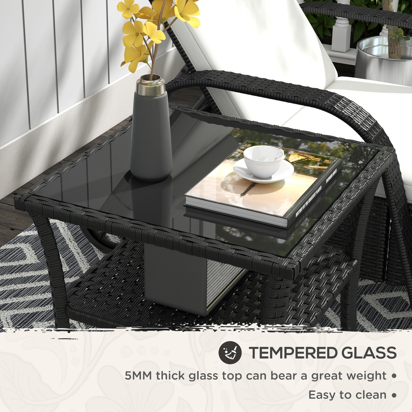 PE Rattan Coffee Table, Two-tier Side Table with Glass Top, Black