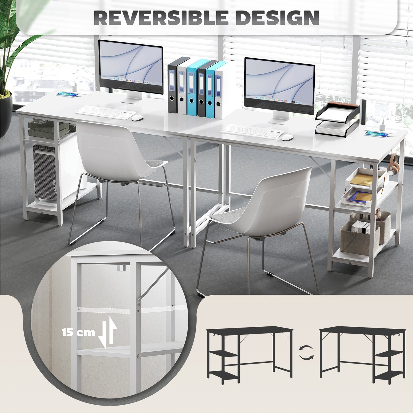 120 x 60 cm Home Office Desk Reversible Study Table for Bedroom White
