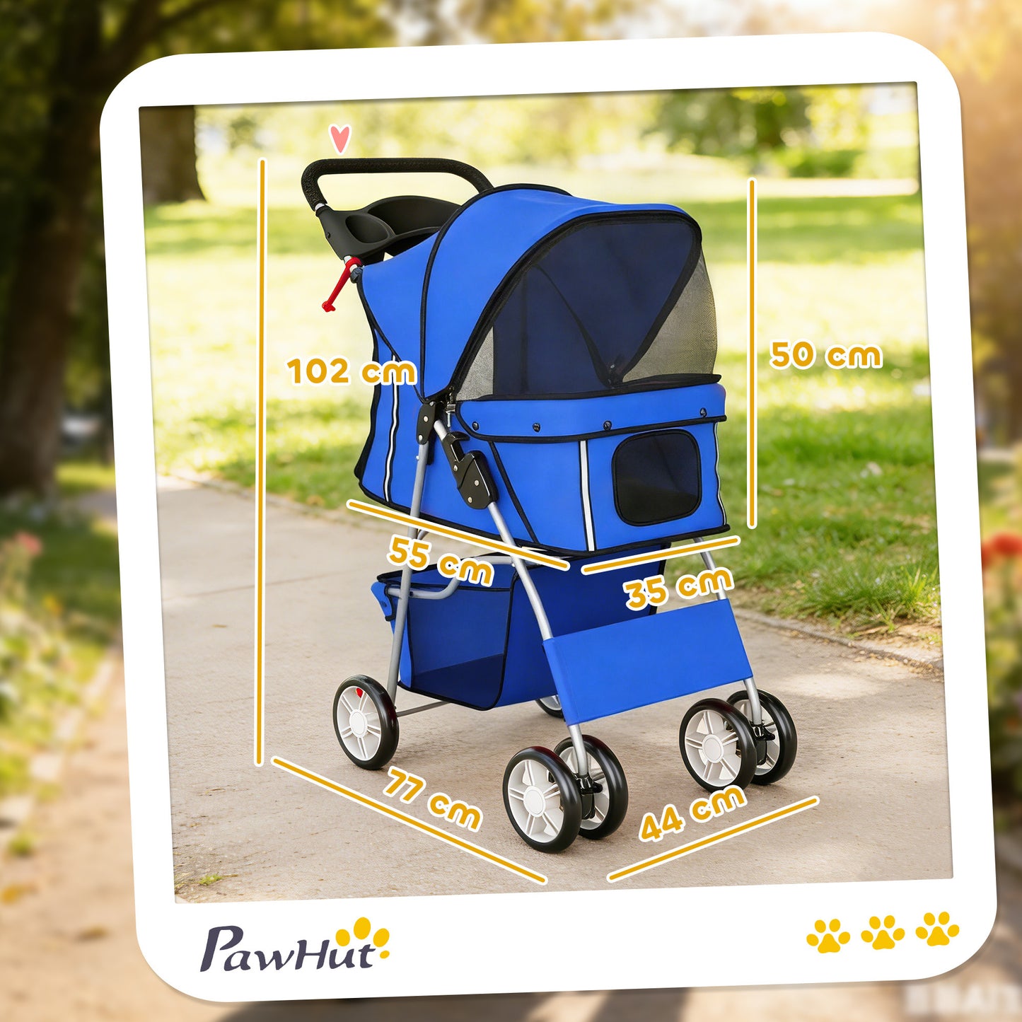 Dog Pram, Foldable Pet Stroller for Small Miniature Dogs Cats, Pet Buggy Pushchair with 360° Swivel EVA Wheels, Brake, Reflective Strips, Mesh Windows, Washable Cushion, Blue