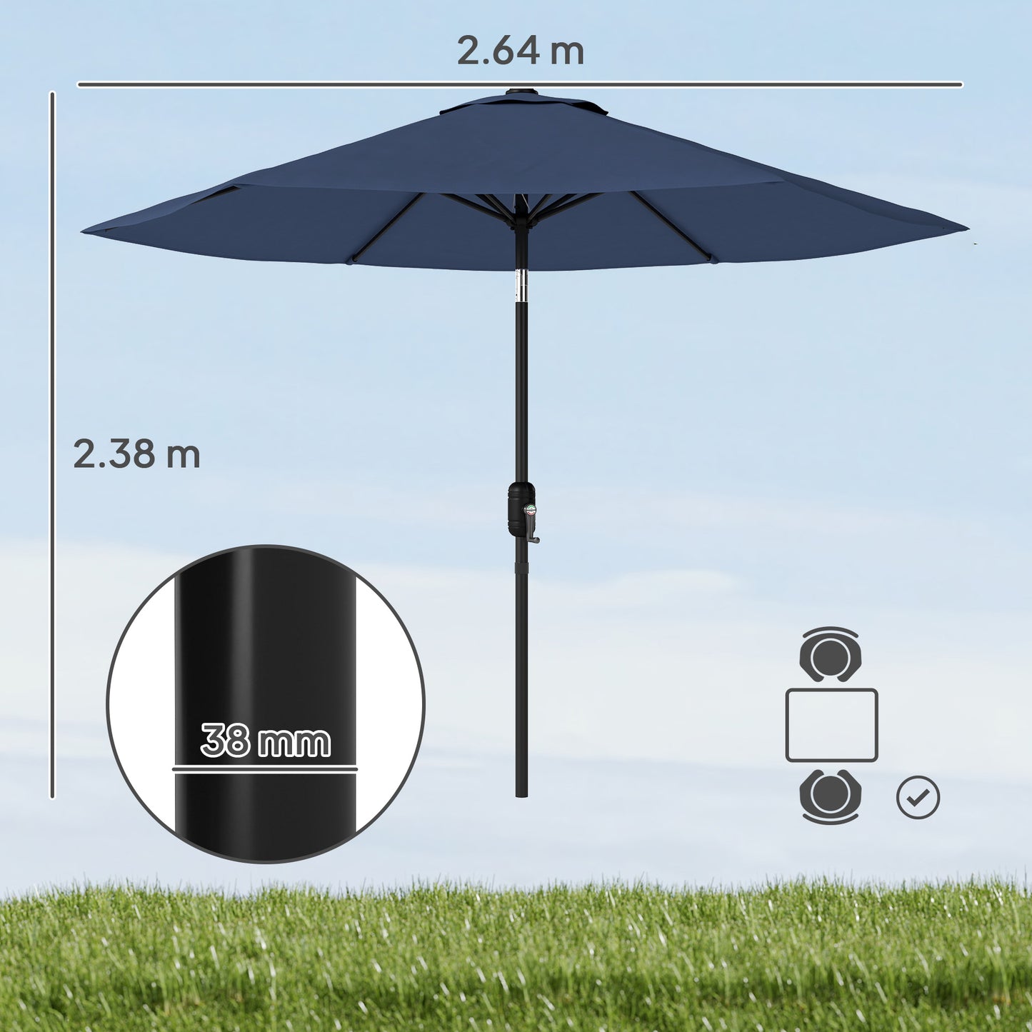 2.6M Garden Parasol Umbrella with Aluminium Pole, Tilt, Navy Blue